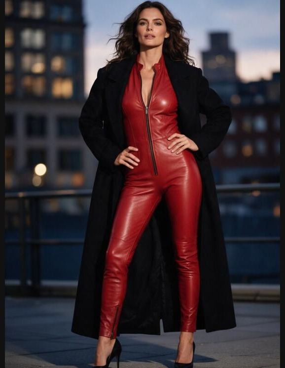Woman wearing a red leather catsuit styled with a long open black coat and black heels
