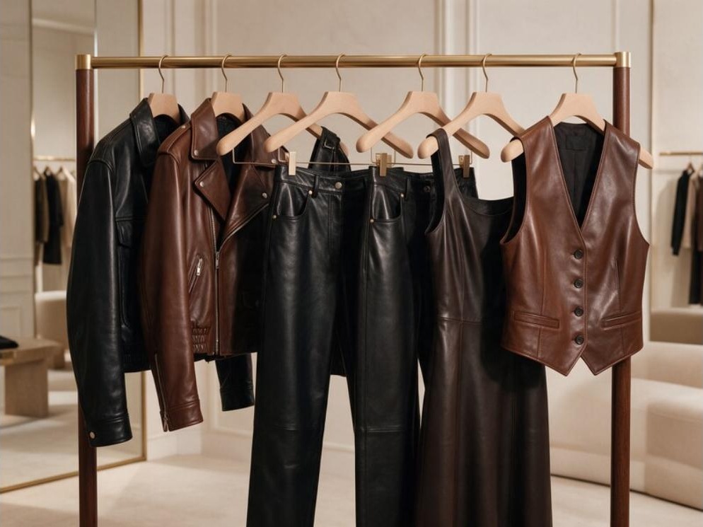A rail of real leather garments including jackets, trousers, a dress and a waistcoat