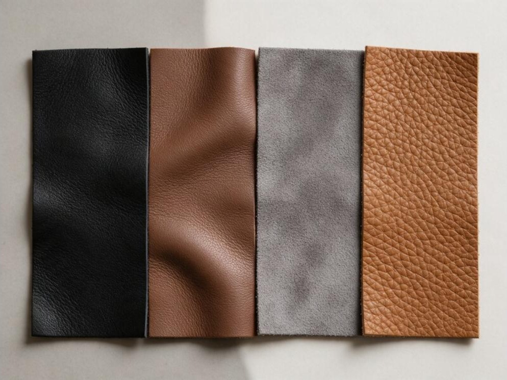 Leather swatches showing full grain, nappa, suede and pebbled goat leather