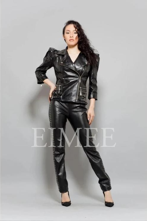 Woman wearing a black leather biker jacket by Eimee
