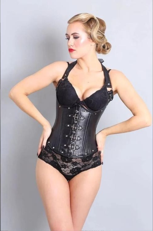 Black leather underbust corset by Eimee