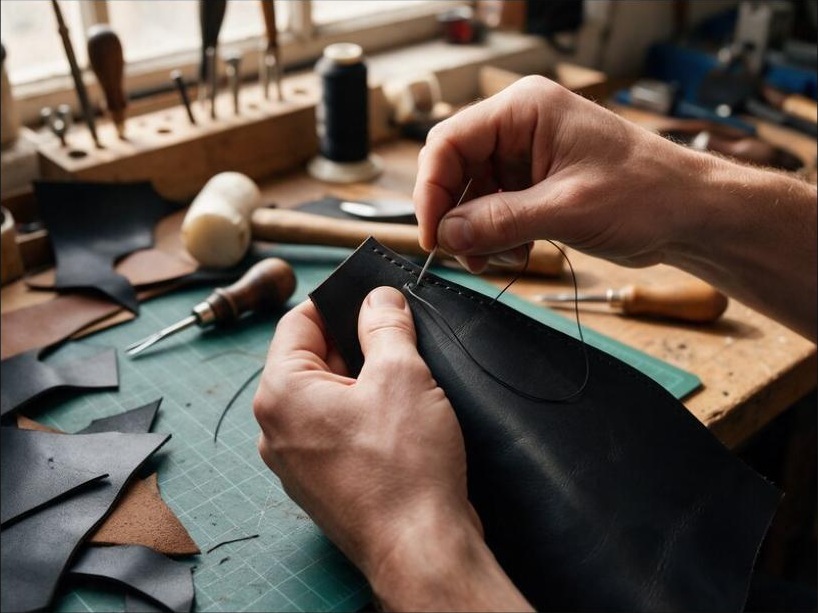 An artisan hand stitching black leather at a workshop bench