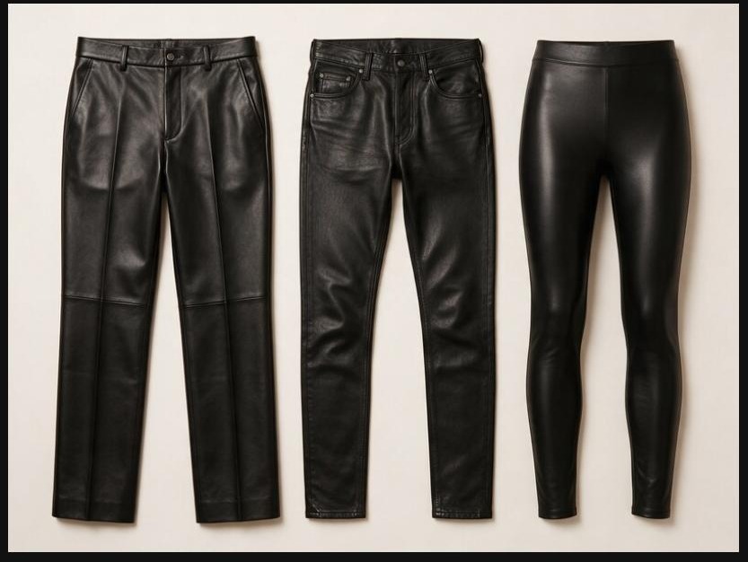 Black leather trousers, leather jeans and leather leggings compared side by side