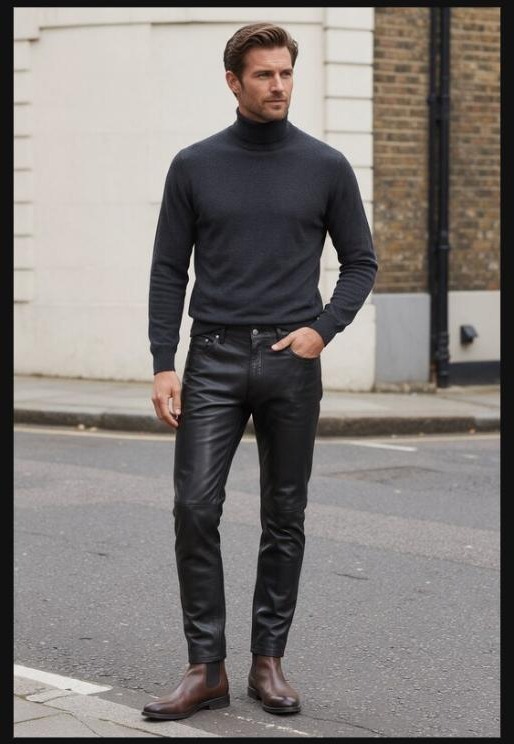 Man wearing black leather jeans with a charcoal roll neck jumper and brown Chelsea boots