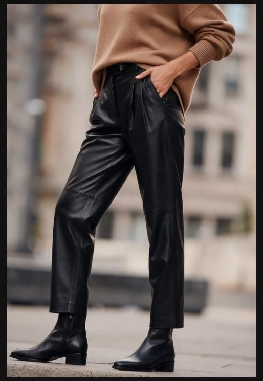 Woman wearing black leather trousers with a camel oversized jumper and black boots