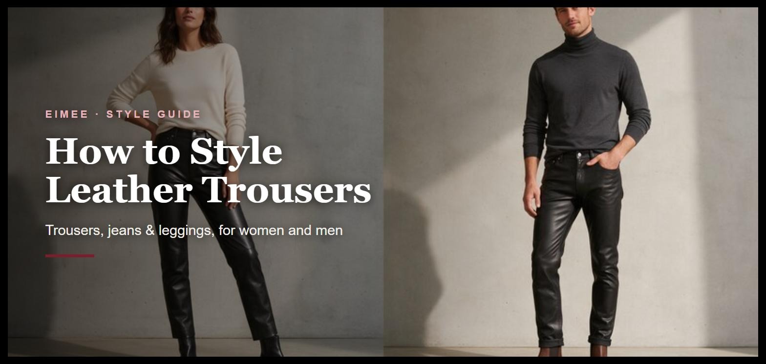 How to style leather trousers, leather jeans and leather leggings for women and men. Real outfit ideas, the right fit, colour and care tips from Eimee, handmade in the UK.