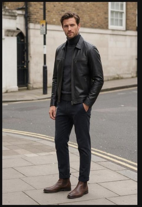 Man wearing a black leather jacket with a roll-neck and chinos on a city street