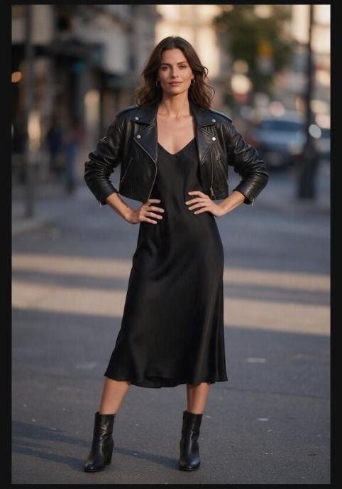 Woman in a cropped black leather biker jacket over a slip dress at golden hour
