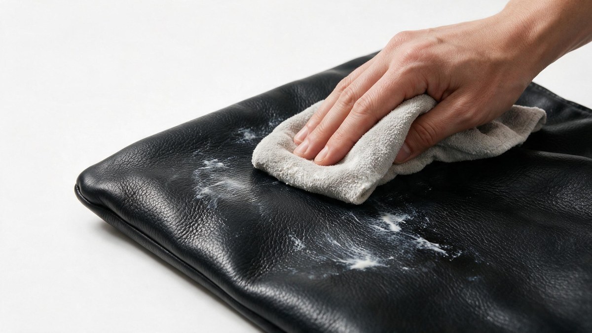 Applying leather conditioner to black leather with a soft cloth Applying leather conditioner to black leather with a soft cloth