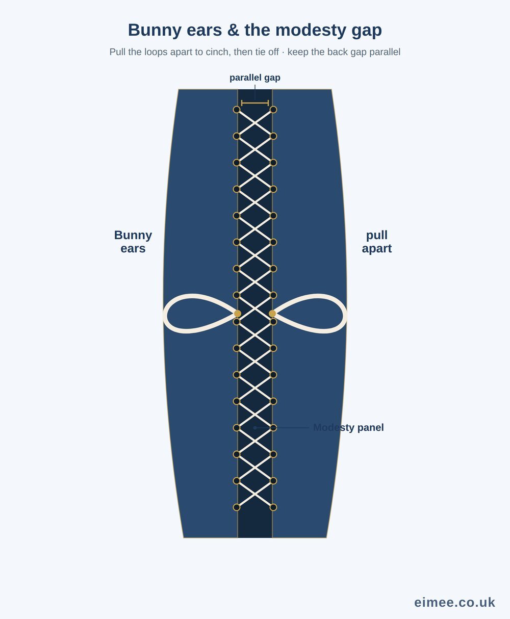 Bunny ears loops at the waist of a laced corset with a parallel modesty gap and modesty panel