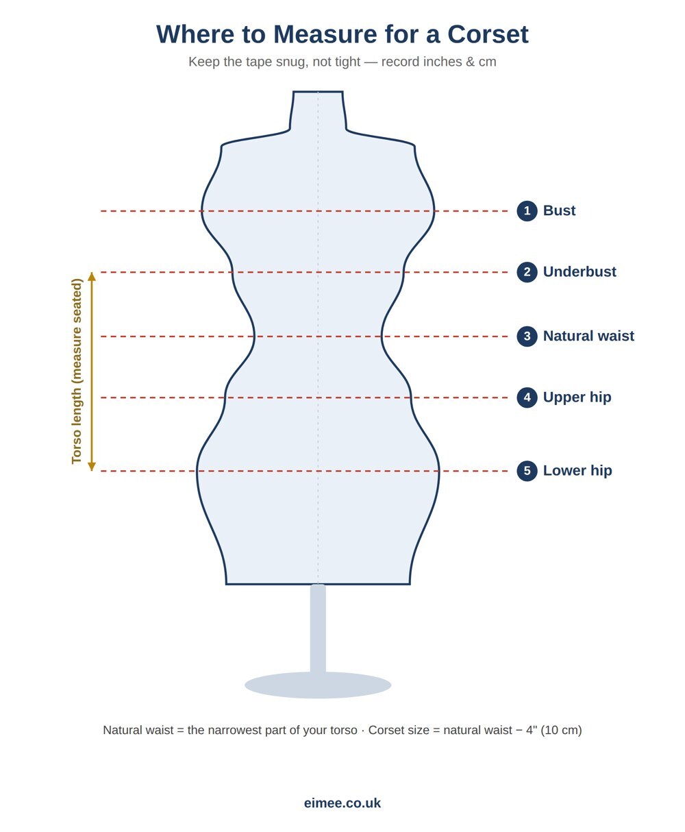 Diagram showing where to measure bust, underbust, natural waist, hips and torso length for a corset&rdquo;.