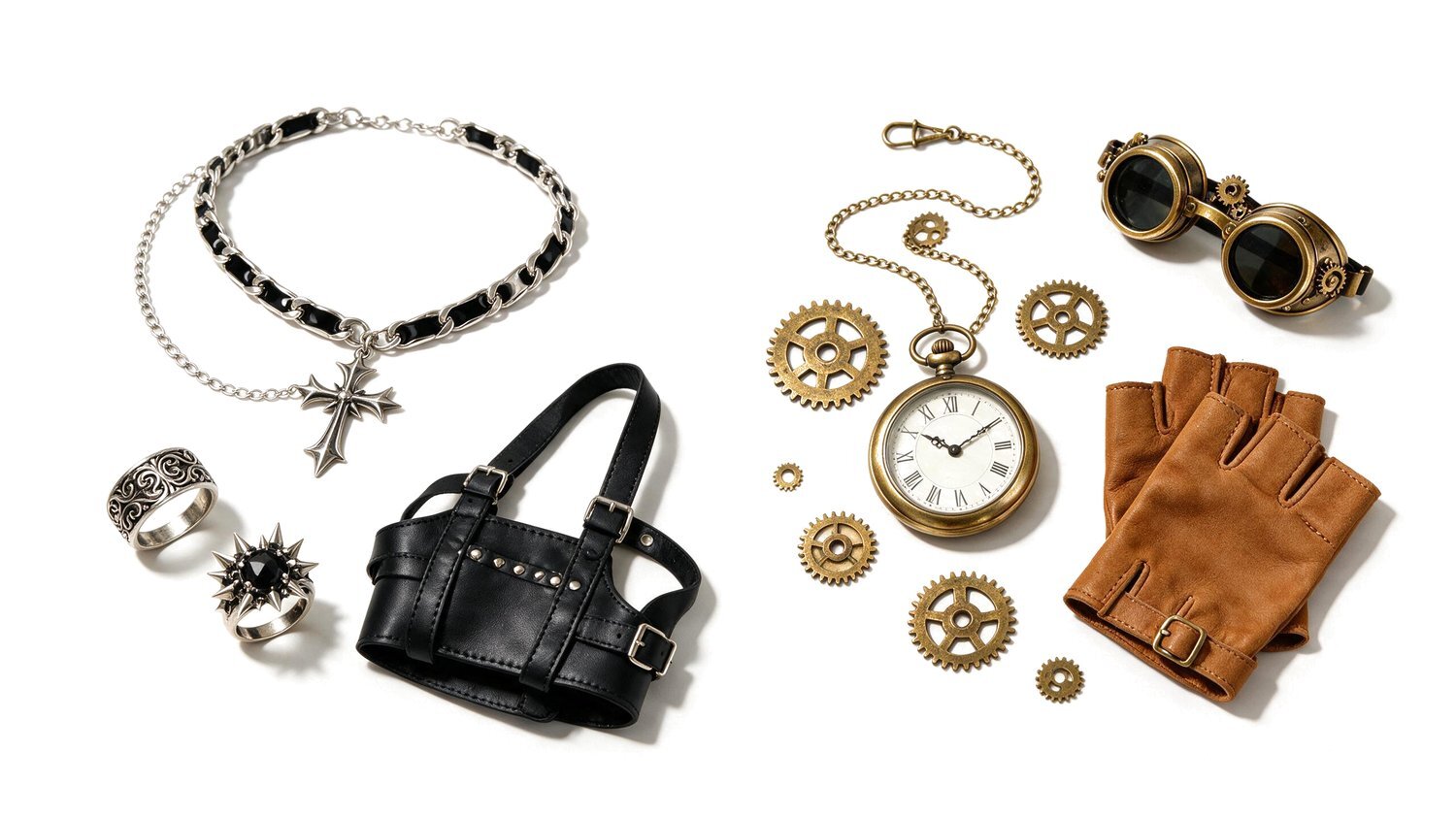 Gothic silver jewellery and steampunk brass accessories on leather&rdquo;.
