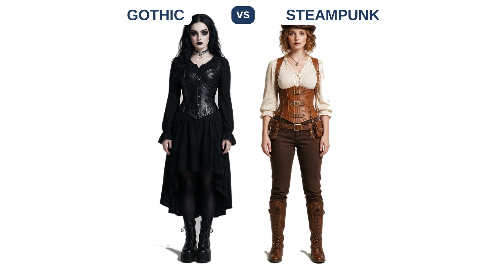 Gothic and steampunk leather outfits side by side