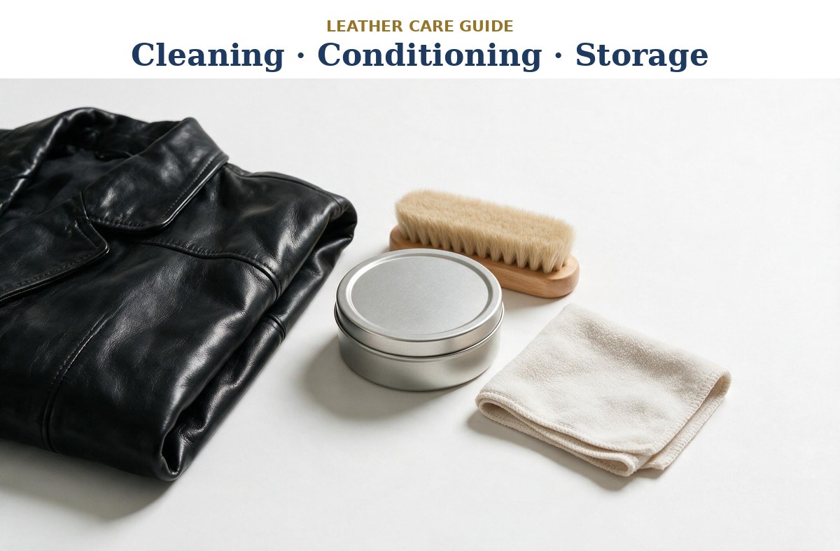 Leather care essentials — conditioner, soft cloth and brush with a black leather garment Leather care essentials — conditioner, soft cloth and brush with a black leather garment