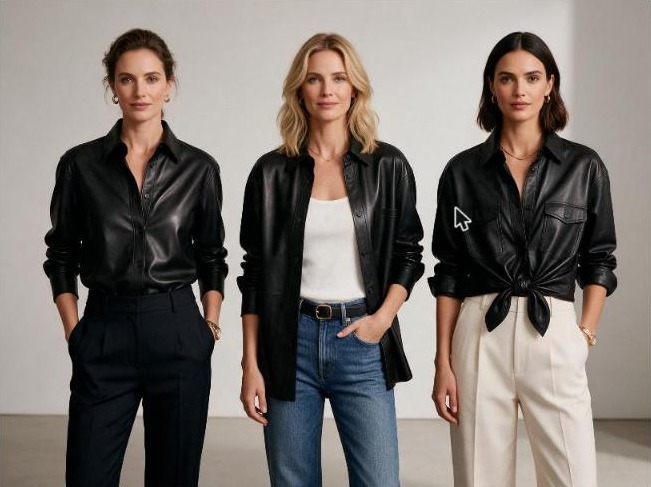 Three women styling a black leather shirt three ways, tucked in, open over a white top, and knotted at the waist