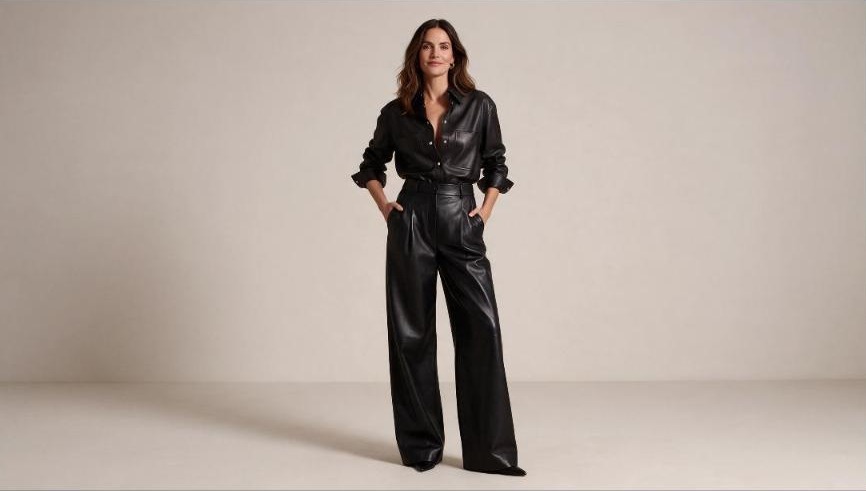 Woman wearing a black genuine leather shirt tucked into wide leg leather trousers, styled day to night
