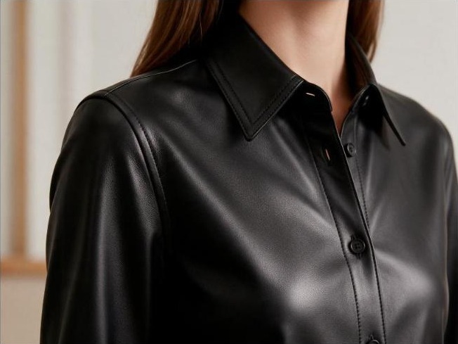 Close up of a well fitted black genuine leather shirt showing the collar and clean buttoned front