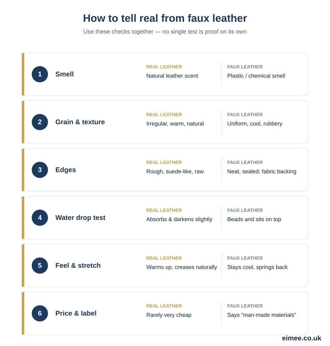 Ways to tell real leather from faux &mdash; smell, texture, edges and water test