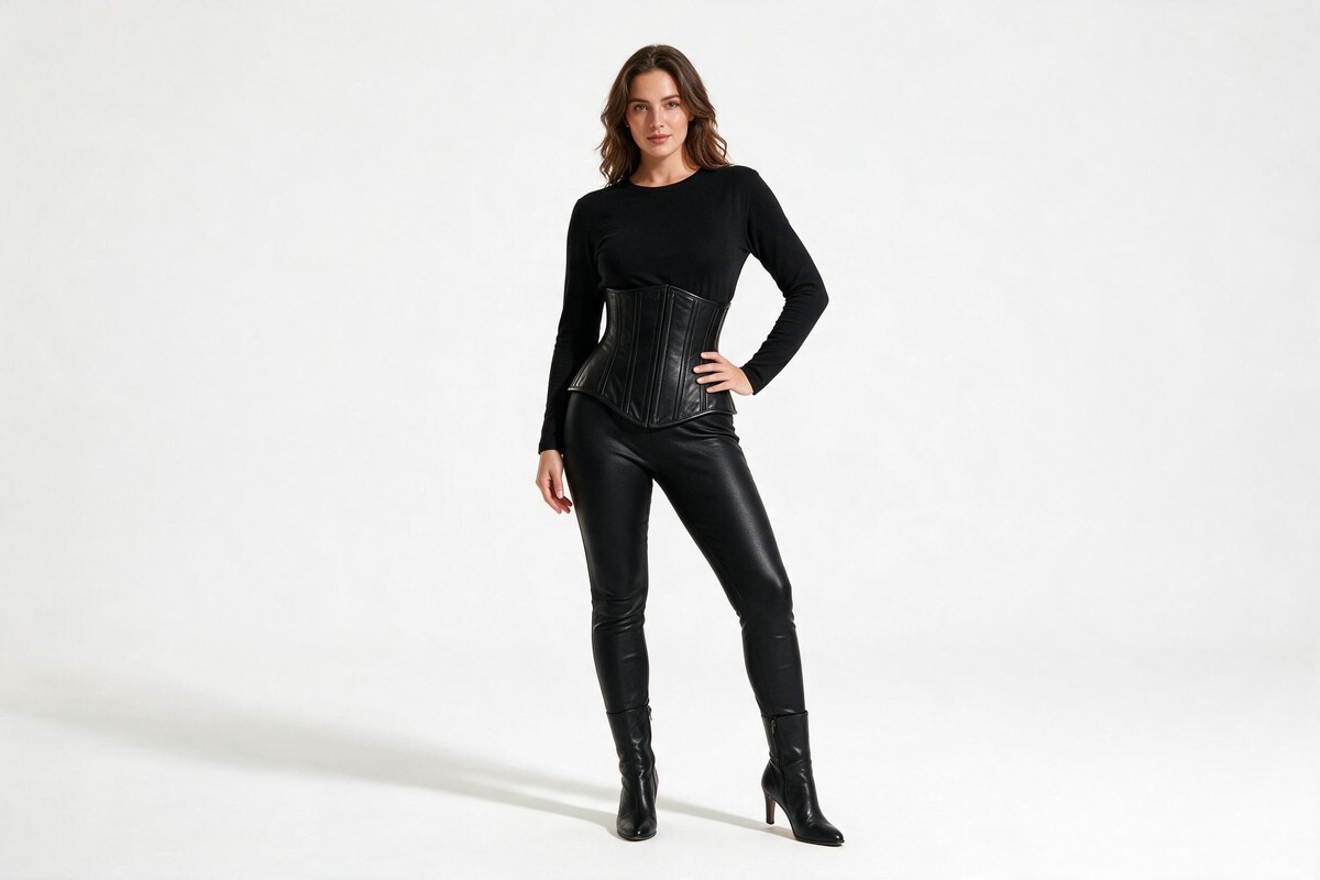Woman wearing a black steel-boned leather underbust corset over a top