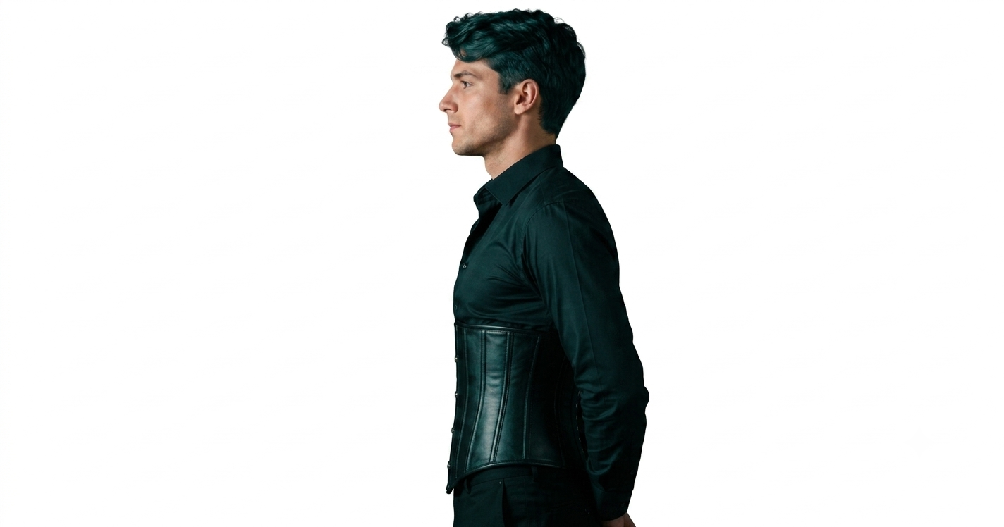 Man wearing a black steel-boned leather underbust corset standing with upright posture Man wearing a black steel-boned leather underbust corset standing with upright posture