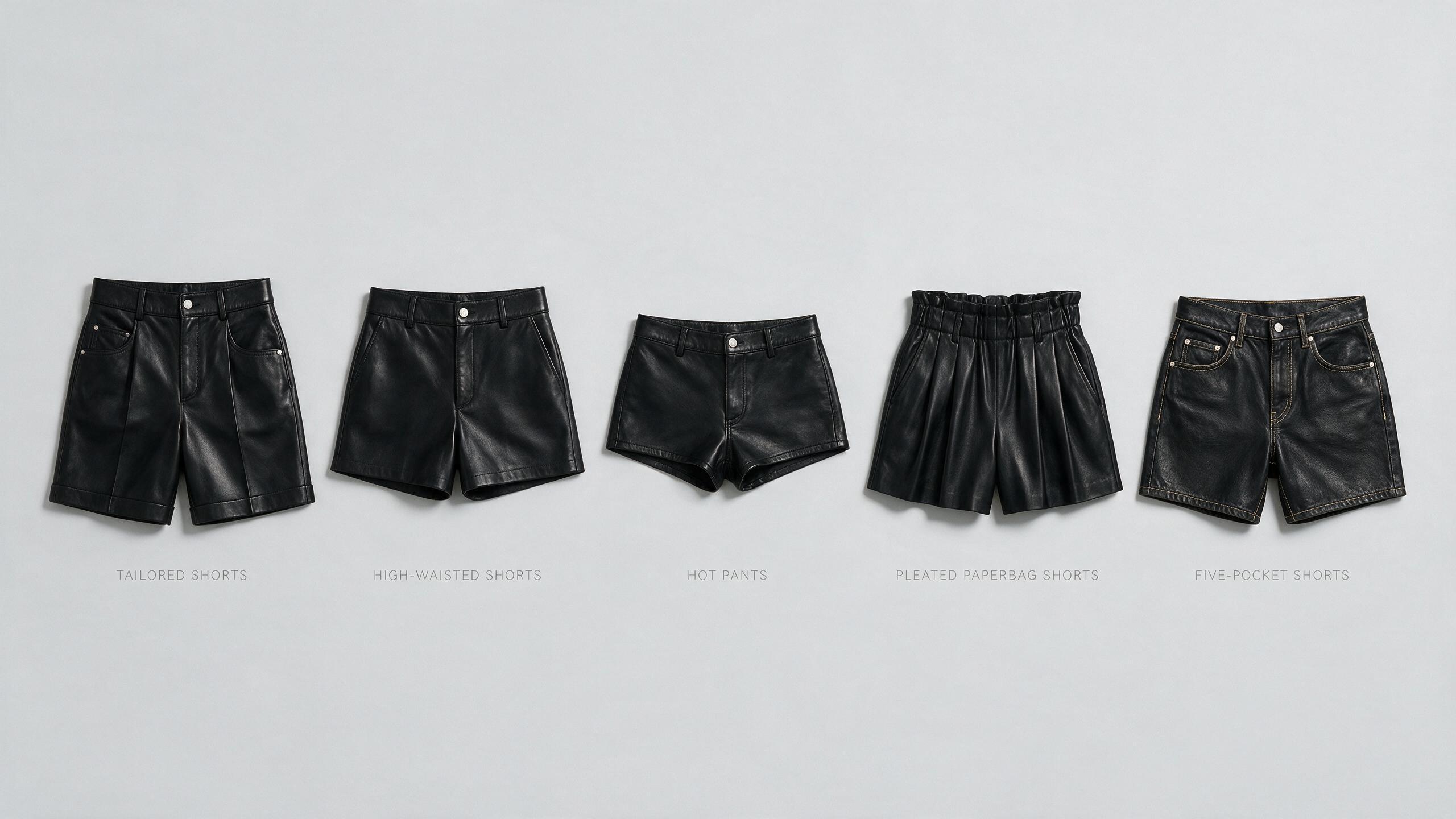 Five leather shorts styles compared: tailored, high-waisted, hot pants, pleated and five-pocket