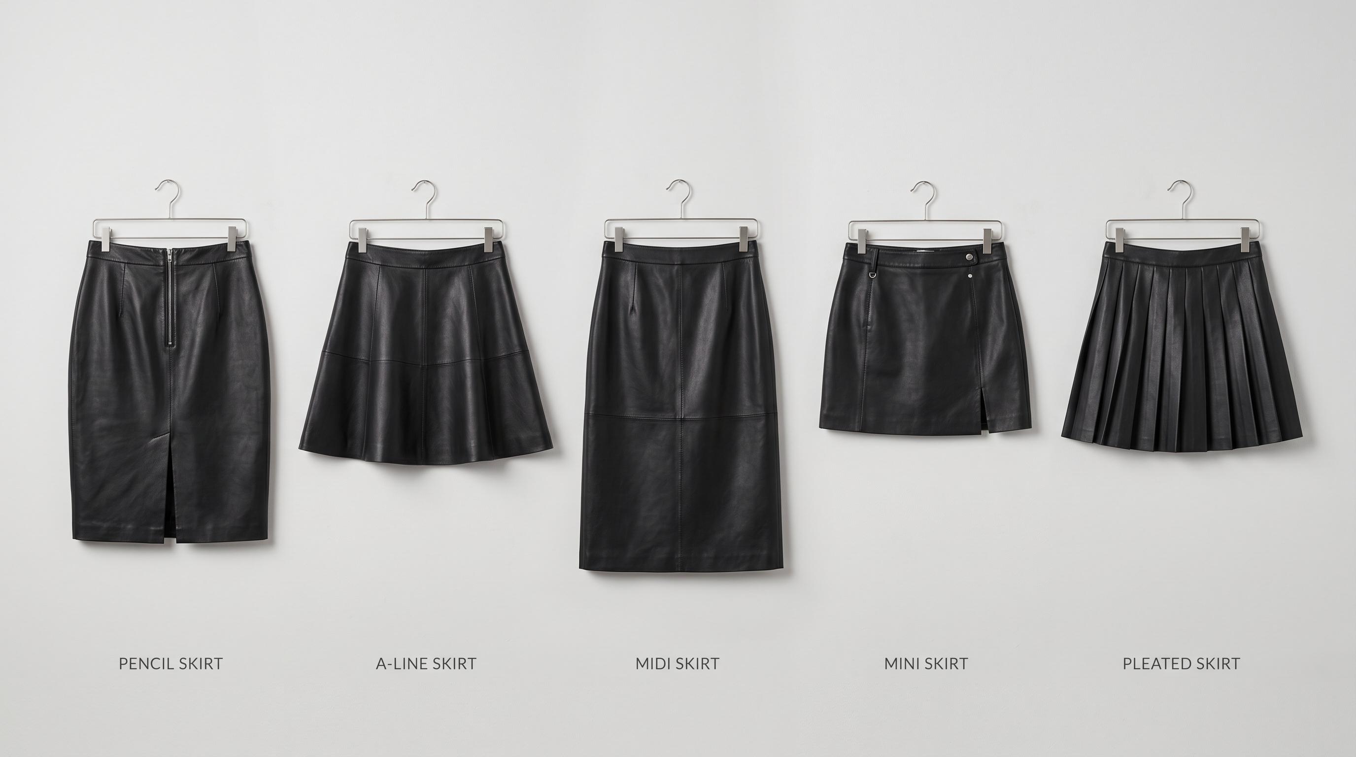 Five leather skirt styles compared: pencil, A-line, midi, mini and pleated Five leather skirt styles compared: pencil, A-line, midi, mini and pleated