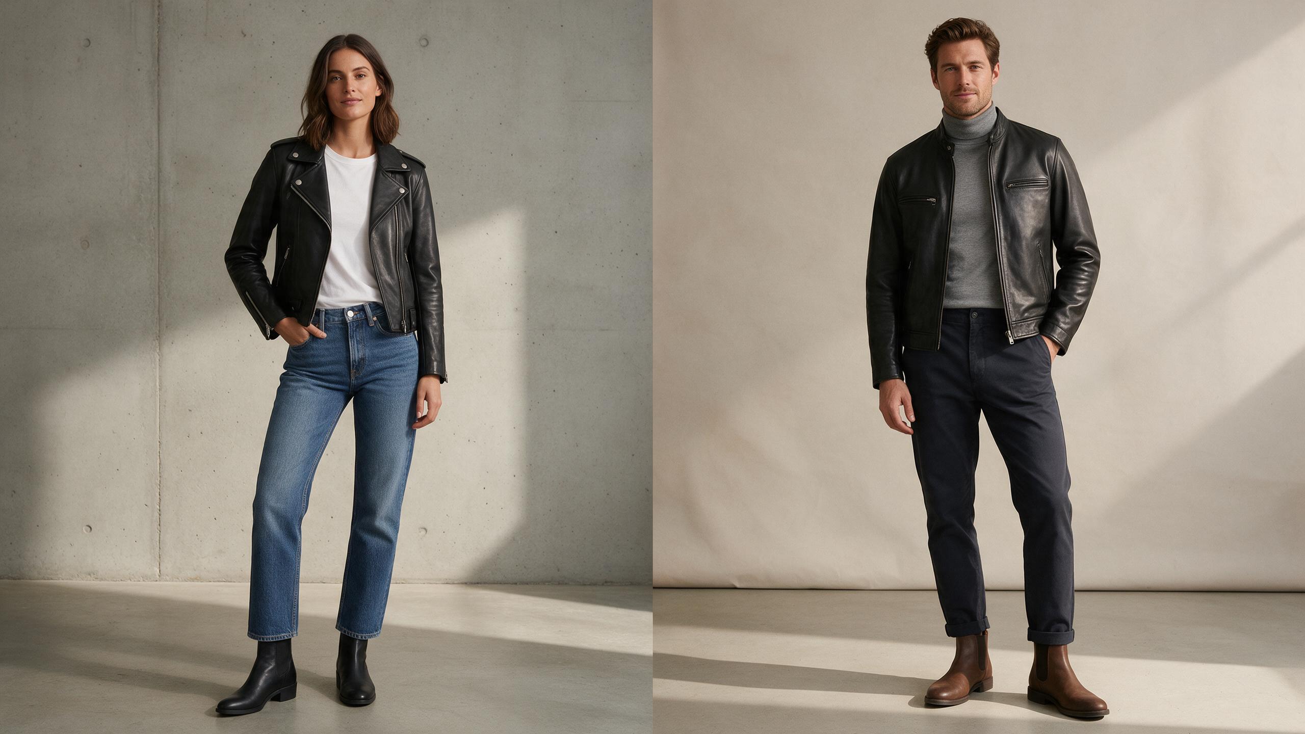 Woman and man wearing black real-leather jackets styled two ways
