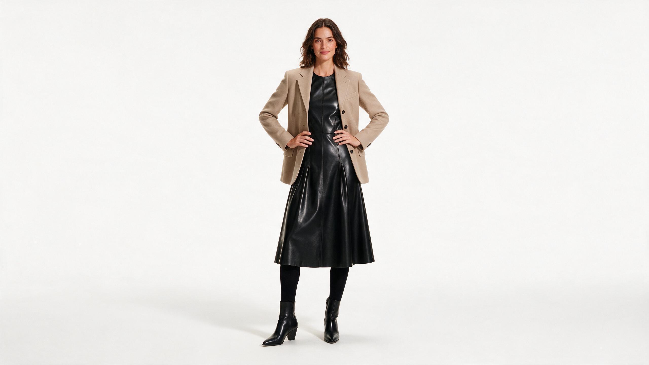 Black leather dress styled with a blazer and boots for a day outfit&rdquo;.