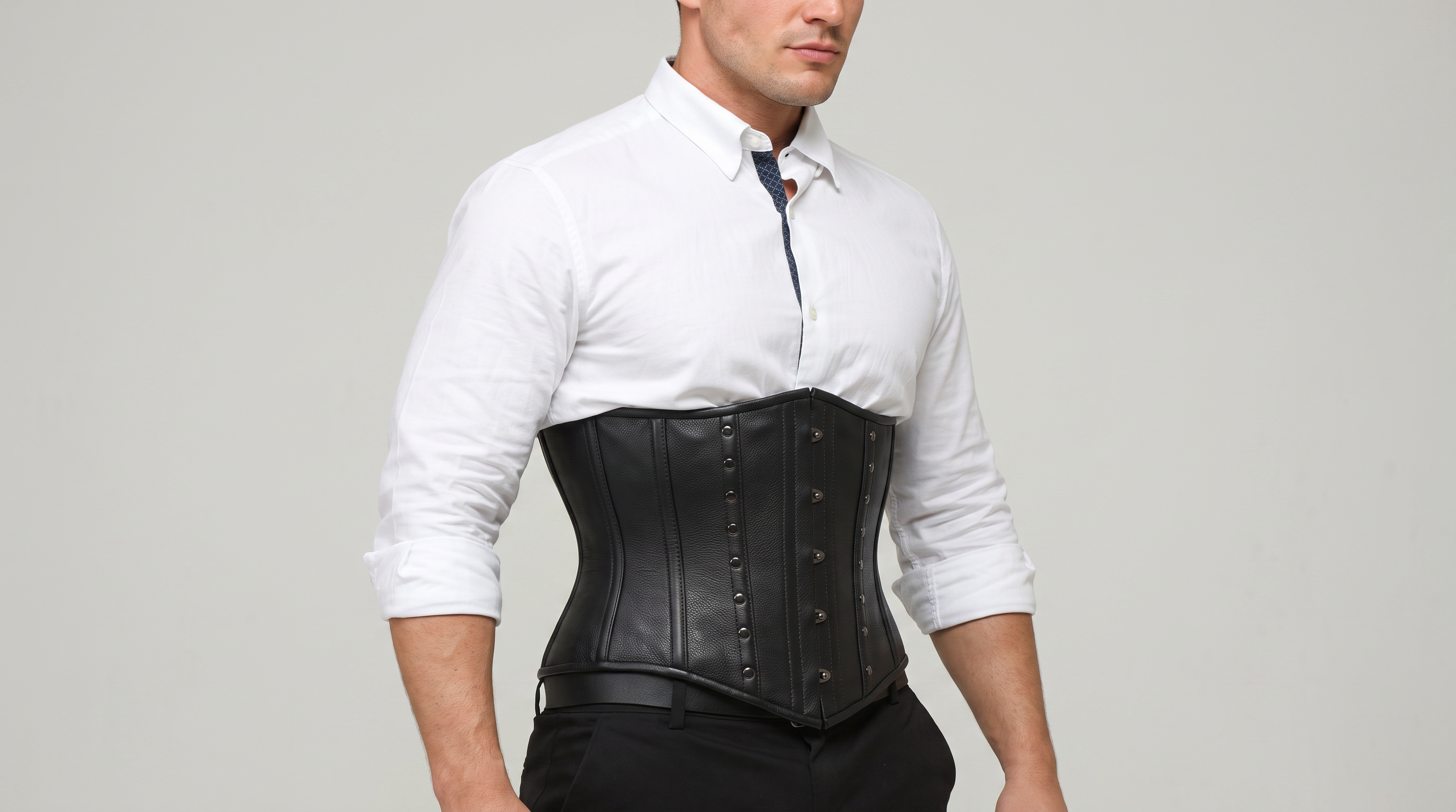 Man wearing a black genuine leather corset by Eimee