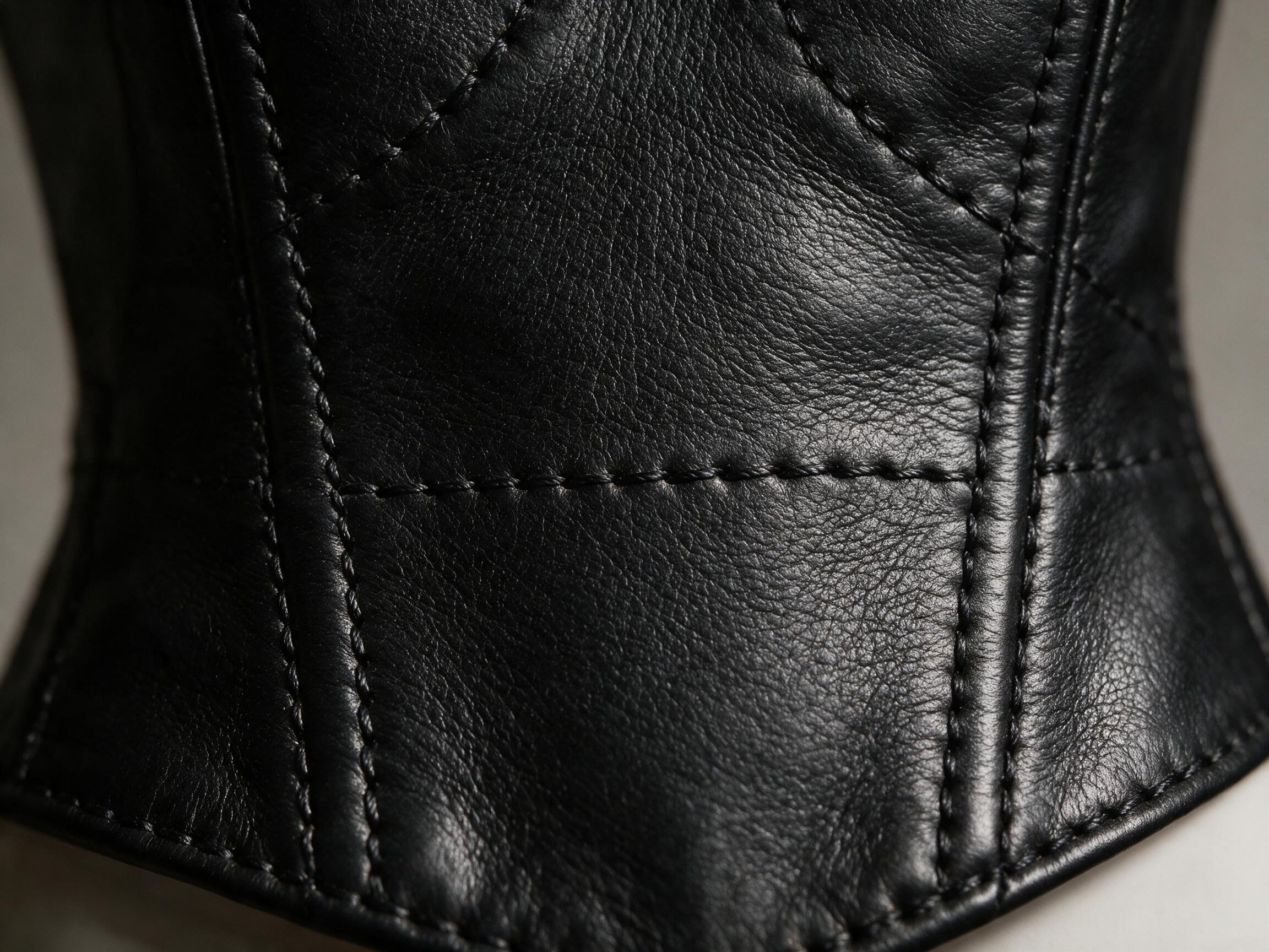 Close-up of genuine leather grain and stitching on a corset