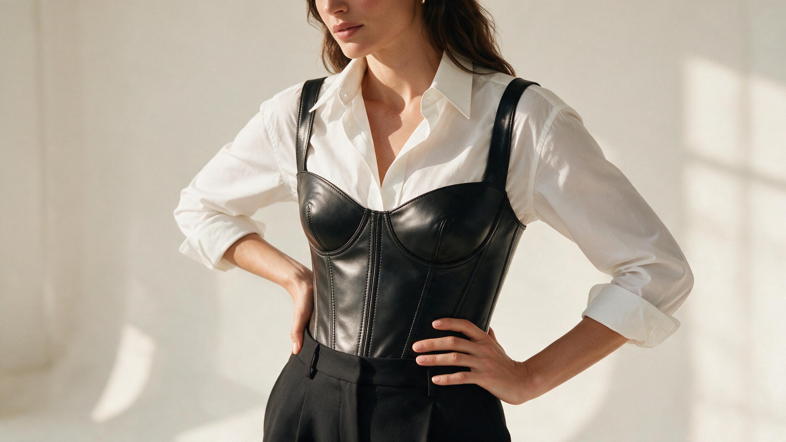Woman wearing a leather corset top styled over a shirt