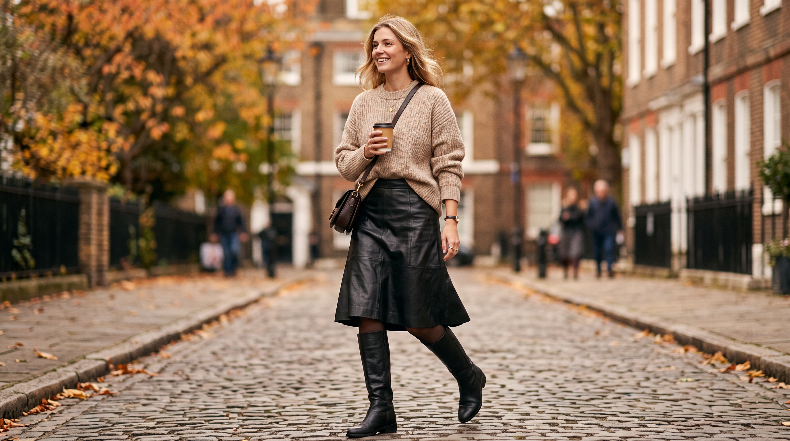 Leather A-line midi skirt styled casually with a knit and knee-high boots Leather A-line midi skirt styled casually with a knit and knee-high boots
