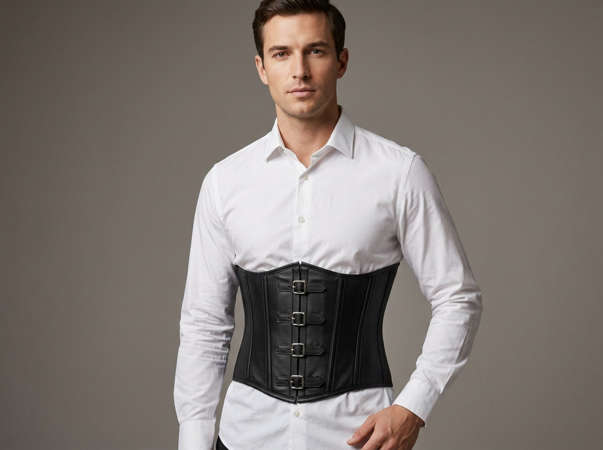 Man wearing a black leather corset over a white shirt