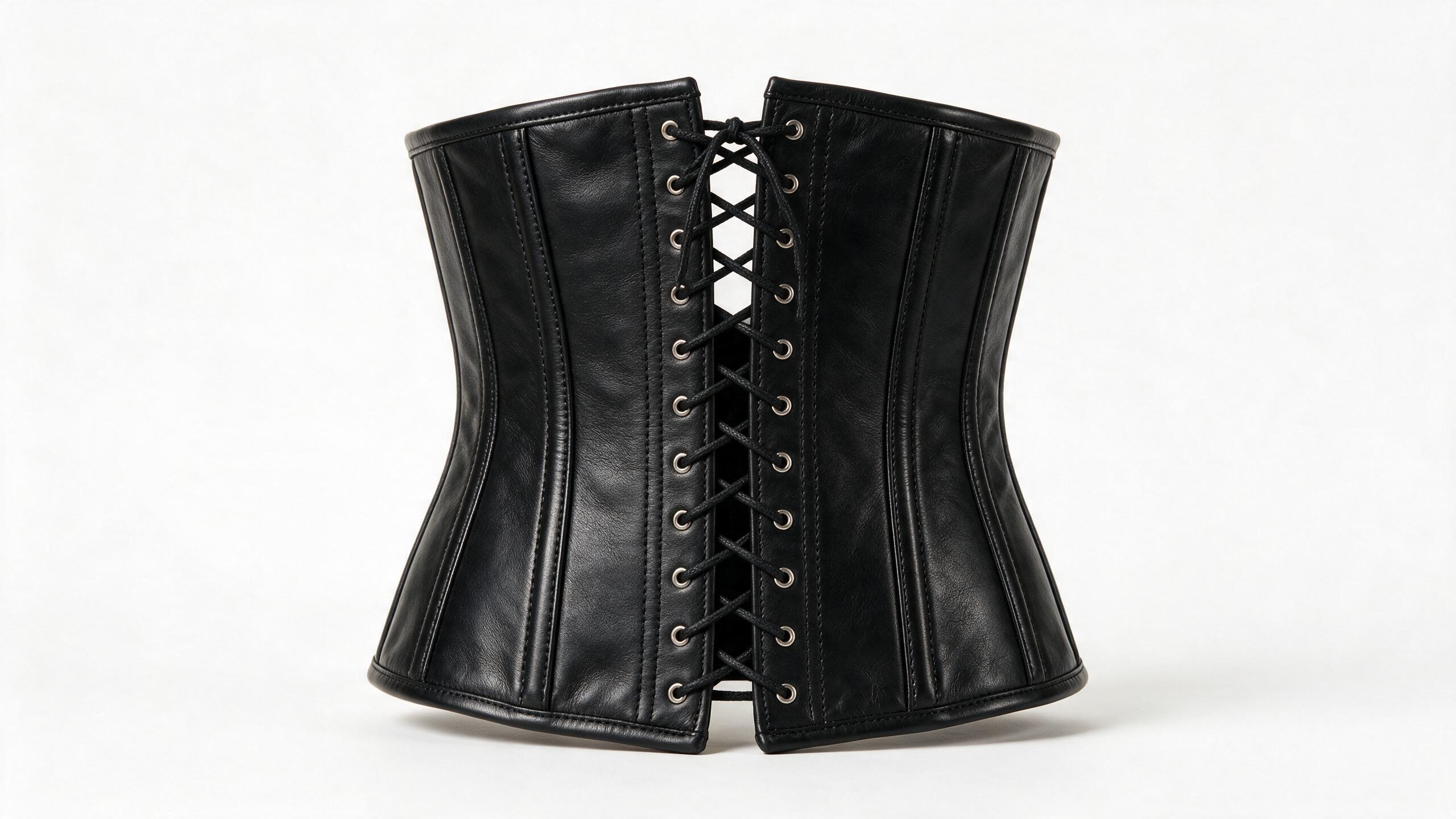 Black leather underbust corset styled for gothic and steampunk looks&rdquo;.