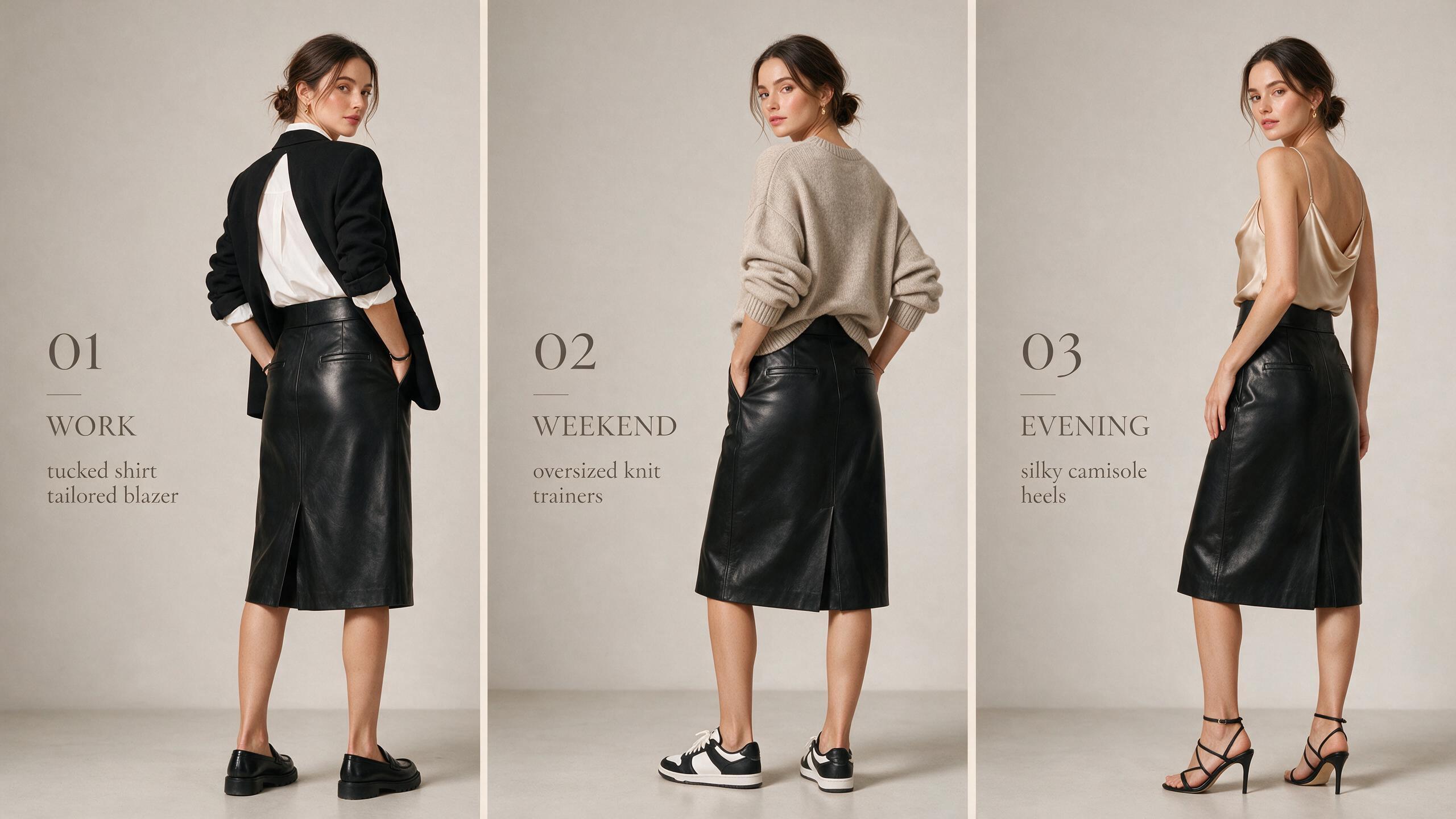 One leather skirt styled three ways for work, weekend and evening One leather skirt styled three ways for work, weekend and evening