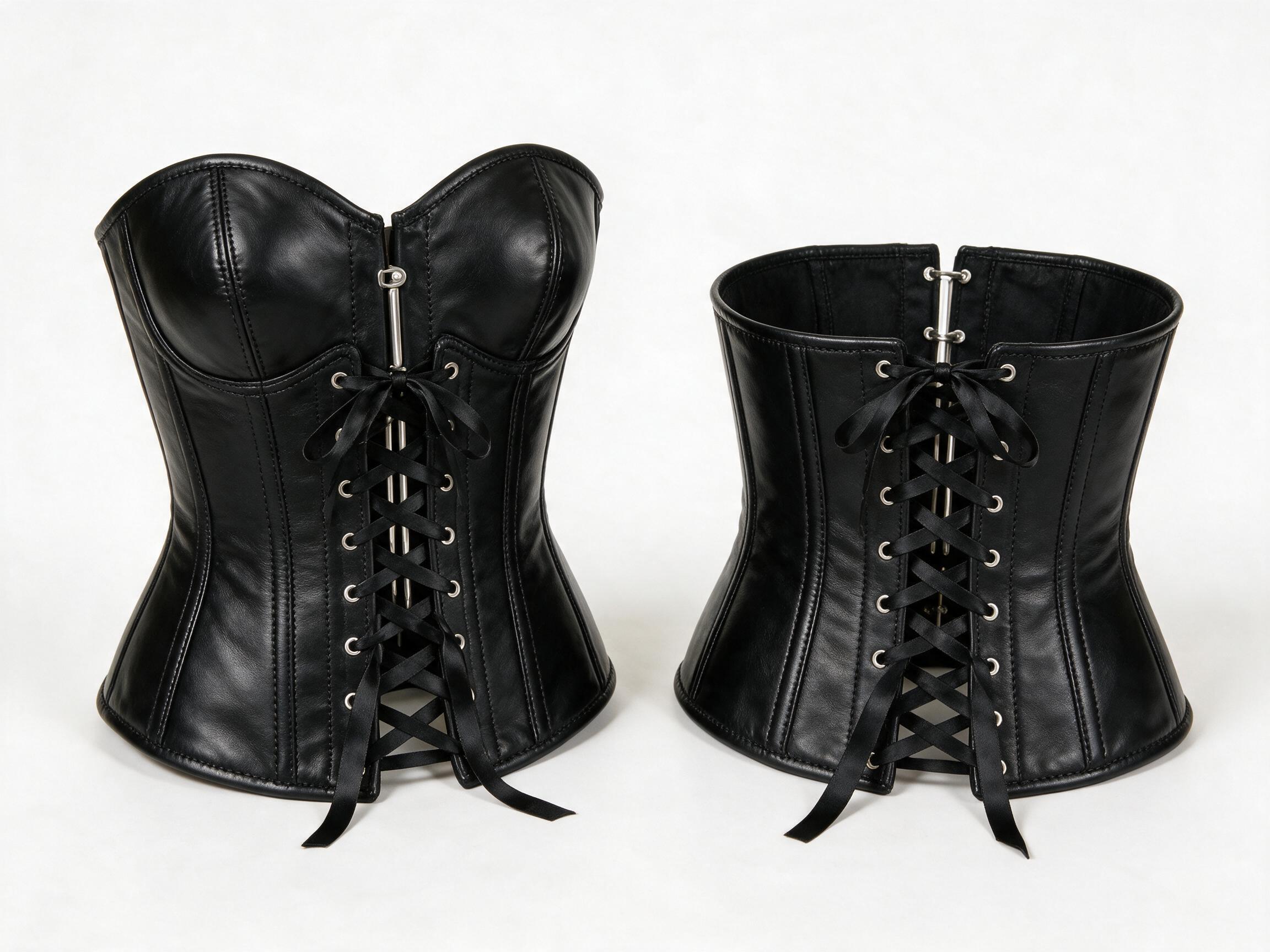 Overbust and underbust leather corsets side by side