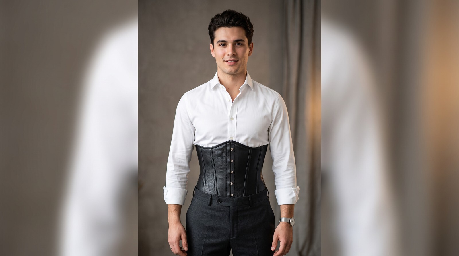 Man wearing a black leather underbust corset over a shirt